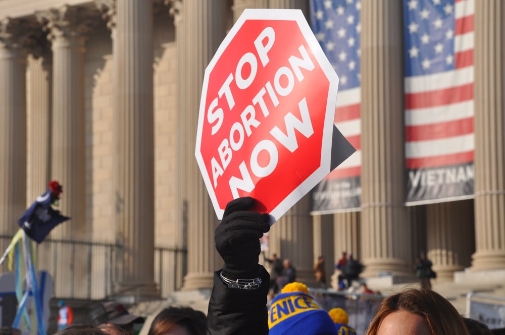 person holding red Stop Abortion Now signage