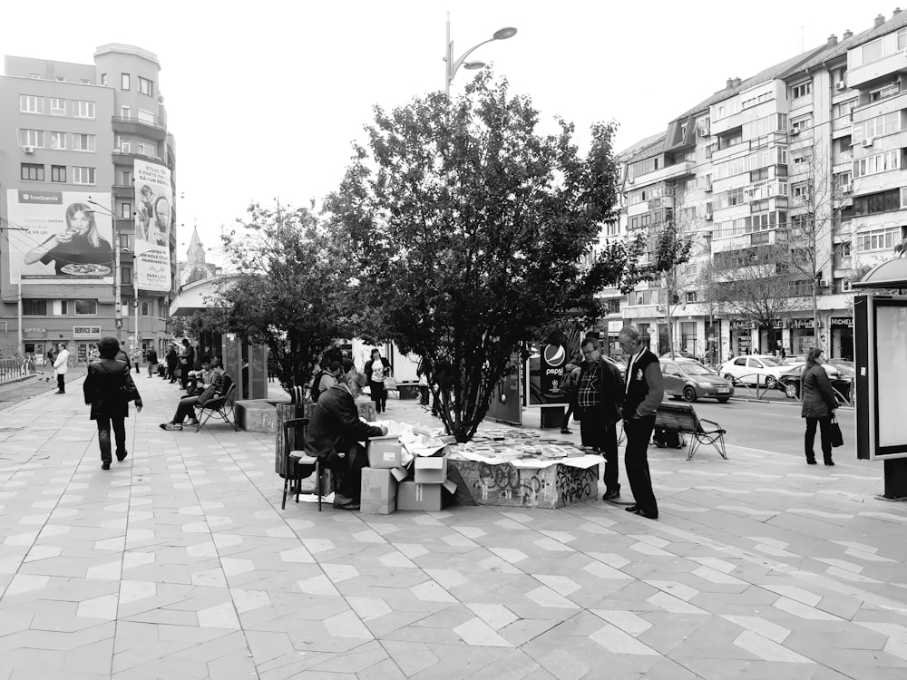 greyscale photo of people standing and sitting on pavement near tree during daytime