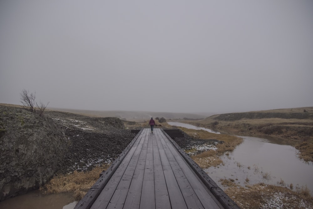 person walking alone on gray wooden pathway
