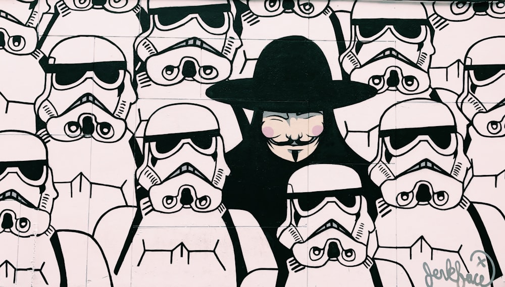 Guy Fawks circondato dall'illustrazione di Star Wars Stormtrooper