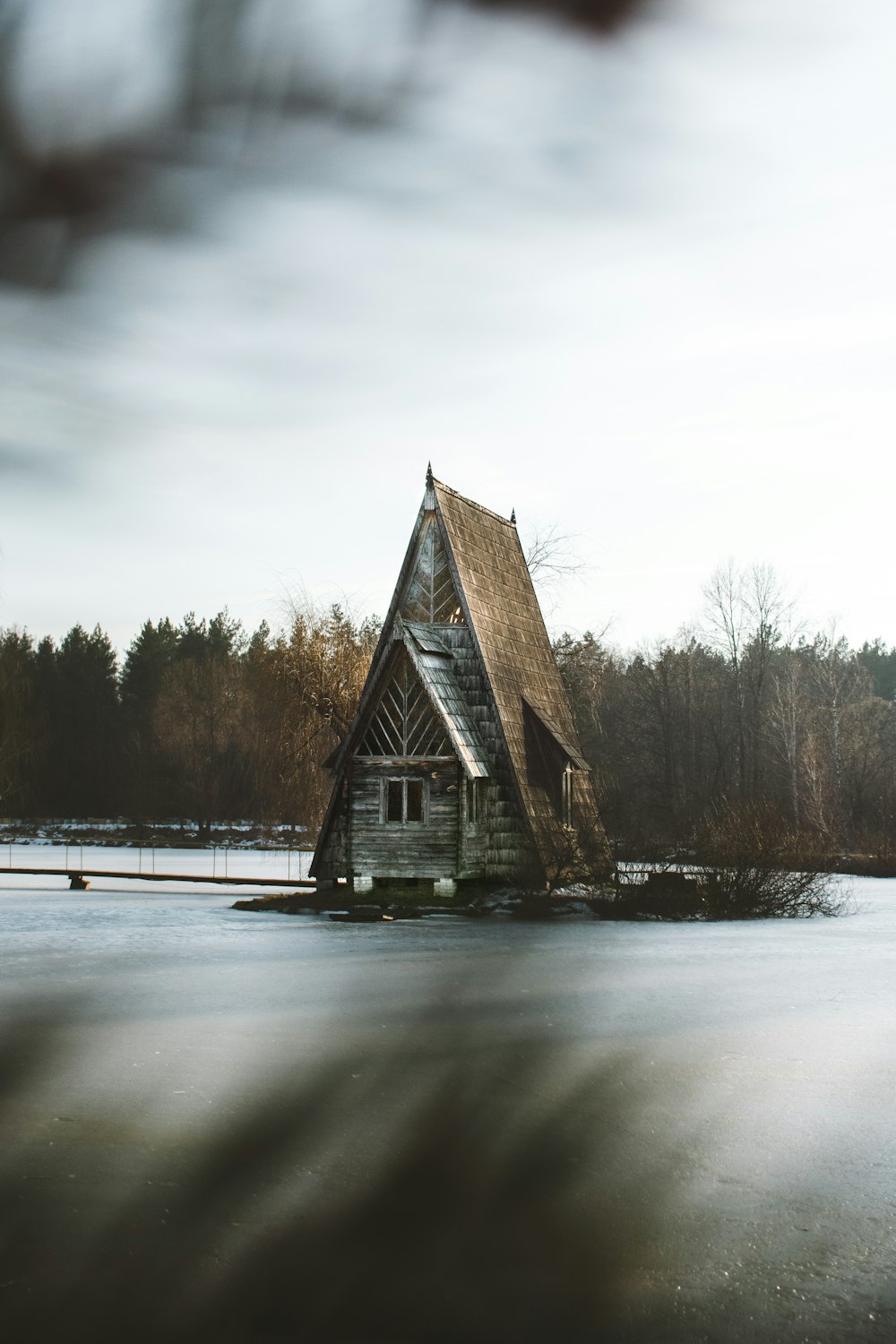 gray and brown wooden house surrounded by tall trees