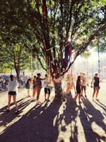 A lively outdoor gathering under a large, leafy tree decorated with colorful ribbons that catch sunlight filtering through the branches. Groups of people, both standing and walking around, are interacting with each other in a festive atmosphere.