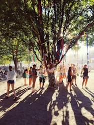 A peaceful outdoor gathering with people sharing stories under a large tree.