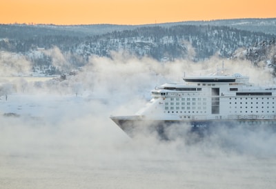 A large cruise ship sails through a misty, wintery landscape with snow-covered hills and trees. The soft orange hue of the sky suggests early morning or late afternoon light.