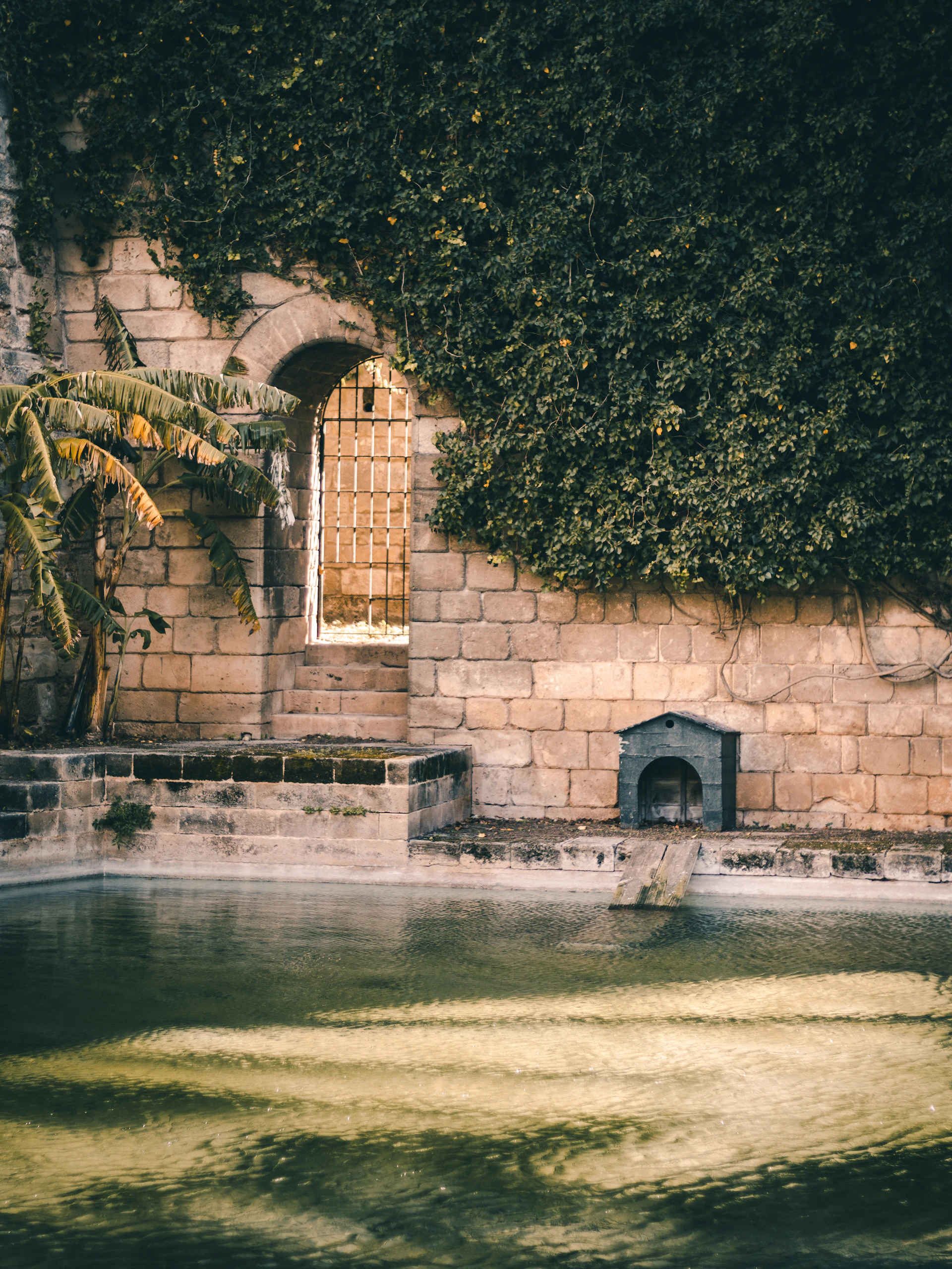a pool of water surrounded by a brick wall