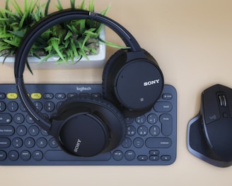 black Sony wireless headphones on black computer keyboard