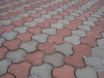 Interlocking concrete pavers form a repeating pattern on the ground, featuring alternating red and grayish-green colors.
