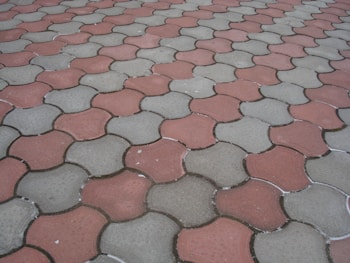 Interlocking concrete pavers form a repeating pattern on the ground, featuring alternating red and grayish-green colors.