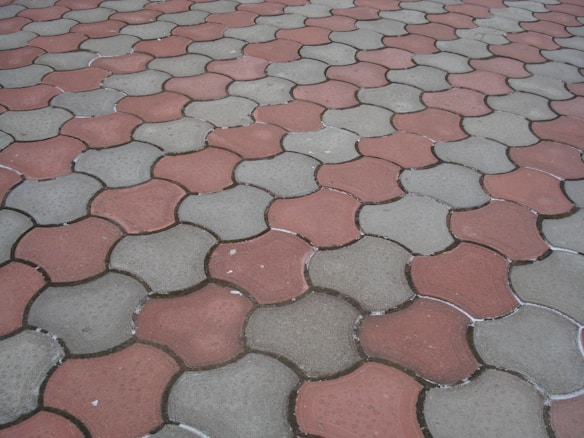 Interlocking concrete pavers form a repeating pattern on the ground, featuring alternating red and grayish-green colors.