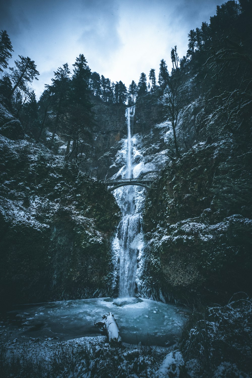 waterfalls under cloudy sky