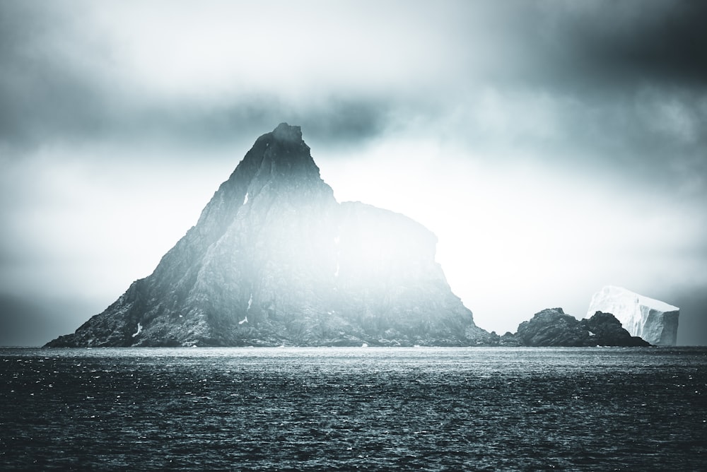 grayscale photography of island