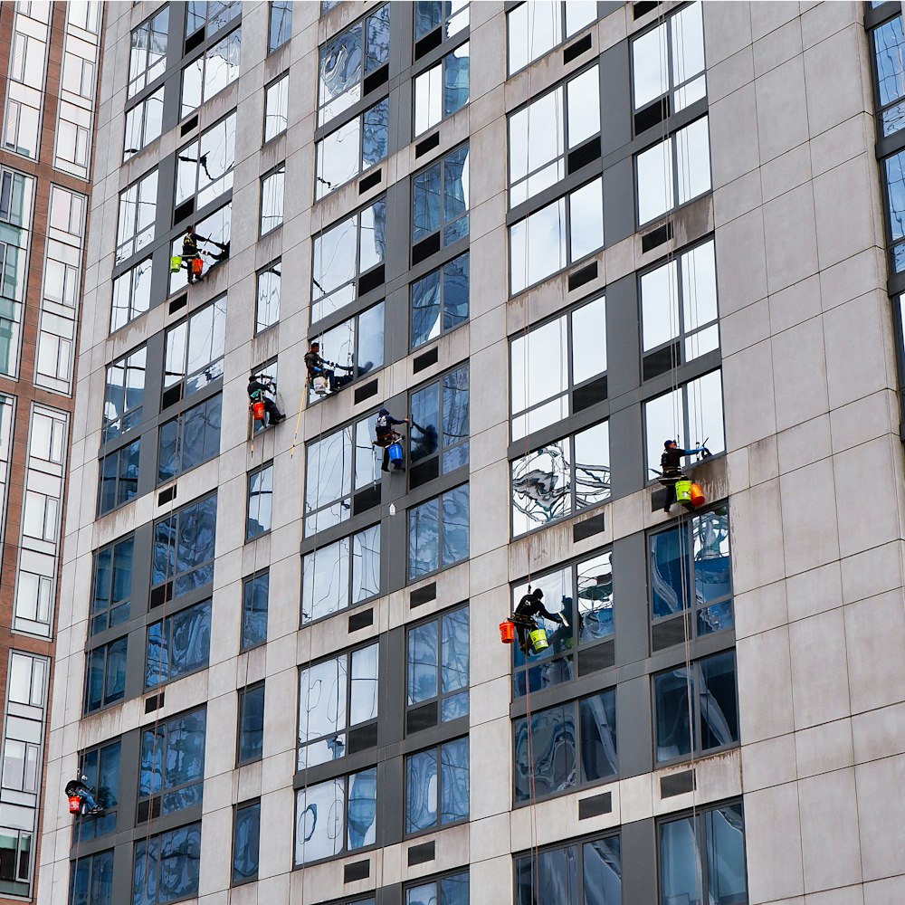 people cleaning building windows