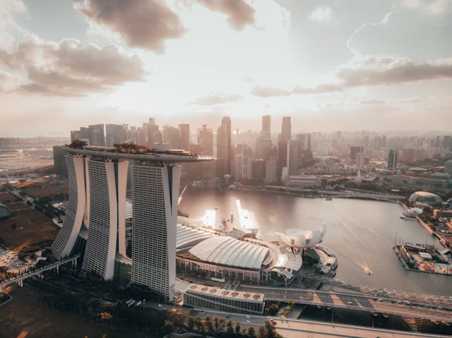 Marina Bay Sands and the lotus-shaped ArtScience Museum beside Singapore Marina Bay