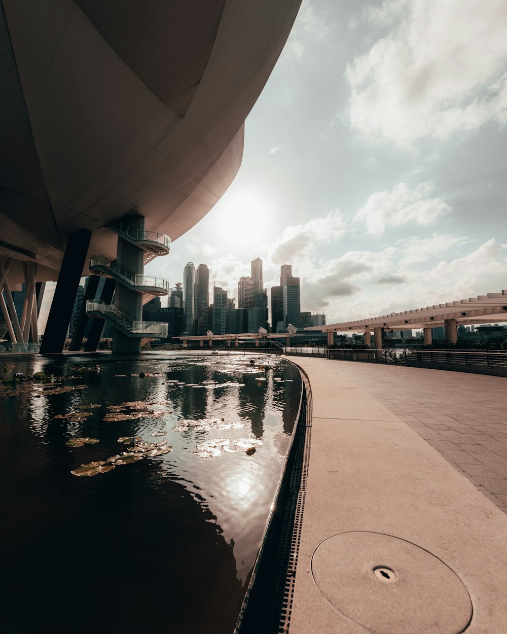 a large body of water next to a tall building