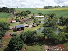 Aerial view of a sustainable farm using geotechnology tools under clear skies.