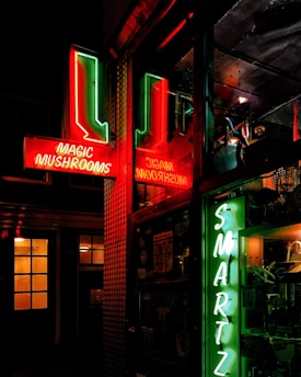 green and red Magic Mushrooms neon light signage