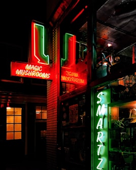 A nighttime street scene featuring neon signs with the words 'Magic Mushrooms' in red and 'Smartz' in green. The signs reflect in a window, providing a vibrant glow against the darkness. The surrounding area includes windows with soft yellow lighting, adding depth to the urban setting.