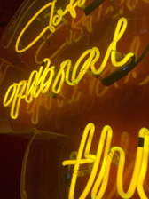 A vibrant illuminated storefront sign glowing warmly at dusk.
