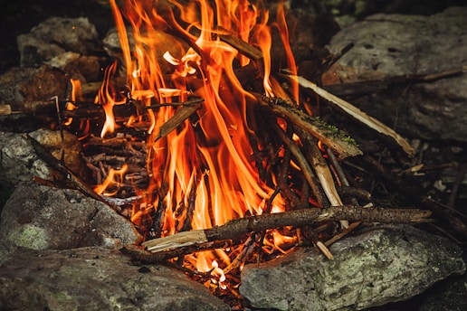 A campfire with vivid flames rises among neatly arranged rocks. The firewood is comprised of sticks and branches, generating a warm, glowing light.
