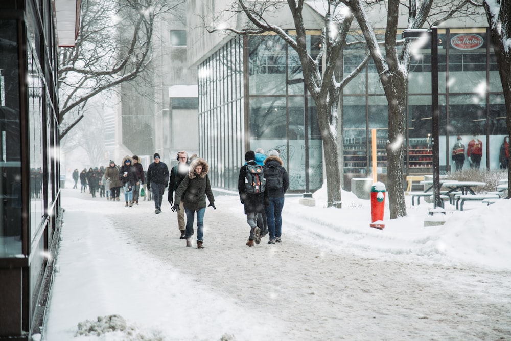 people walking on snowfield near building