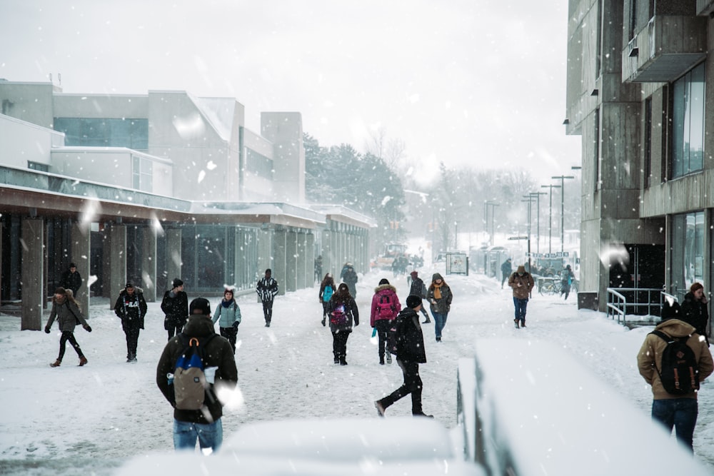 people walking near building during winter season