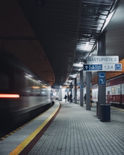 A dimly lit train station platform with a fast-moving train on the left. Signs in a foreign language hang from the ceiling, directing passengers. The platform is empty except for a few people in the distance. The scene is illuminated by overhead lights, casting shadows on the industrial architecture.