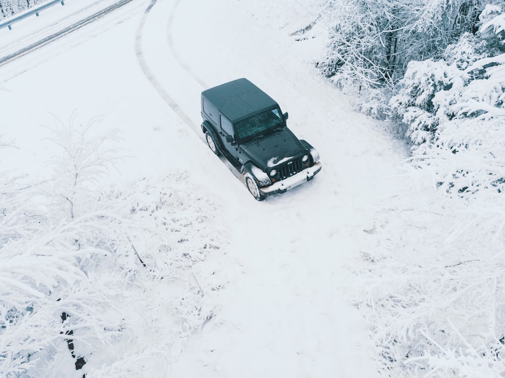 Schwarzes Fahrzeug in der Nähe von schneebedeckten Bäumen