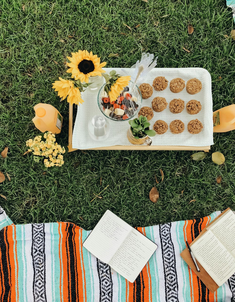 round baked pastries on white tray on green grass