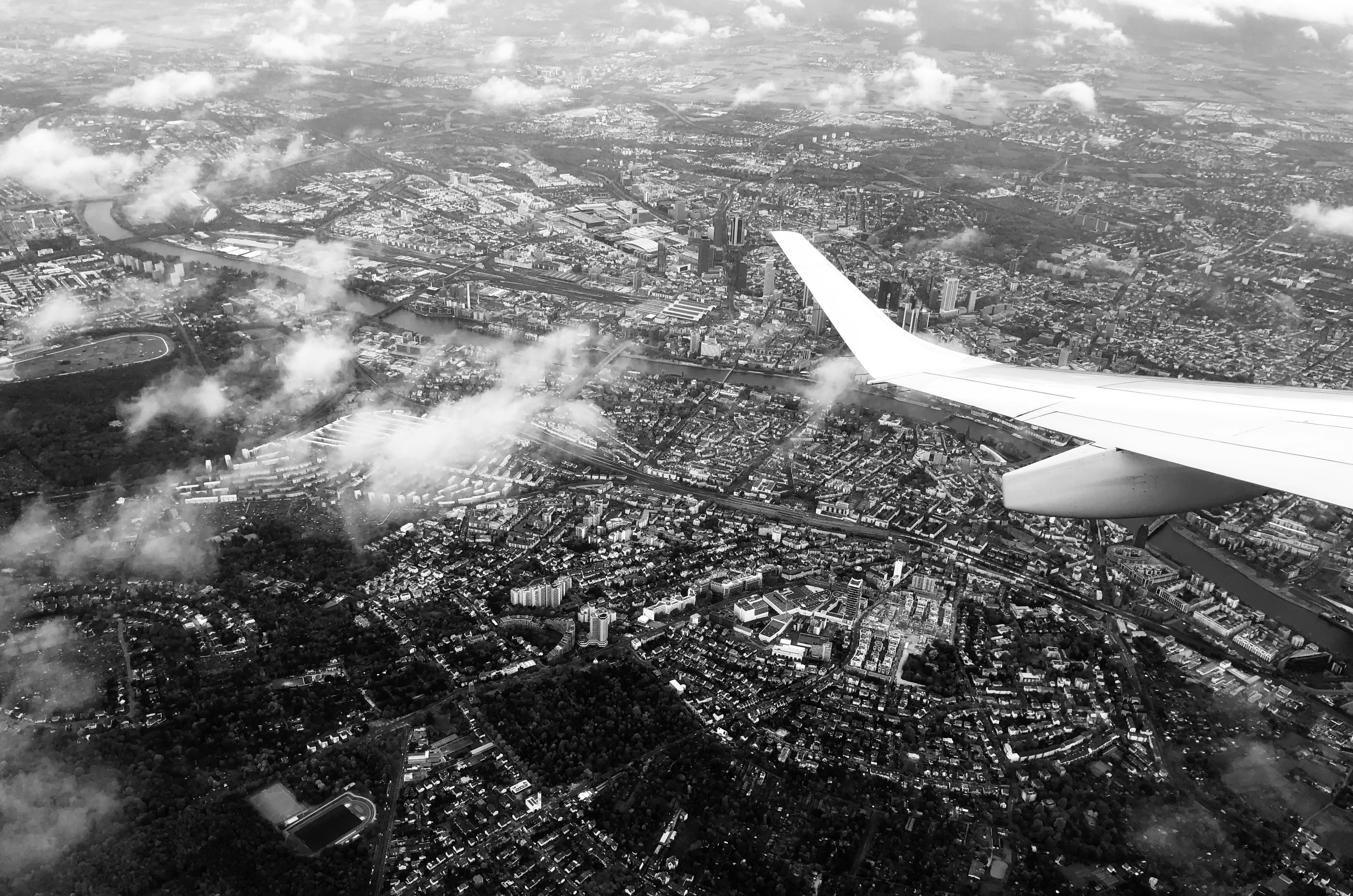 grayscale and aerial photography of rural area