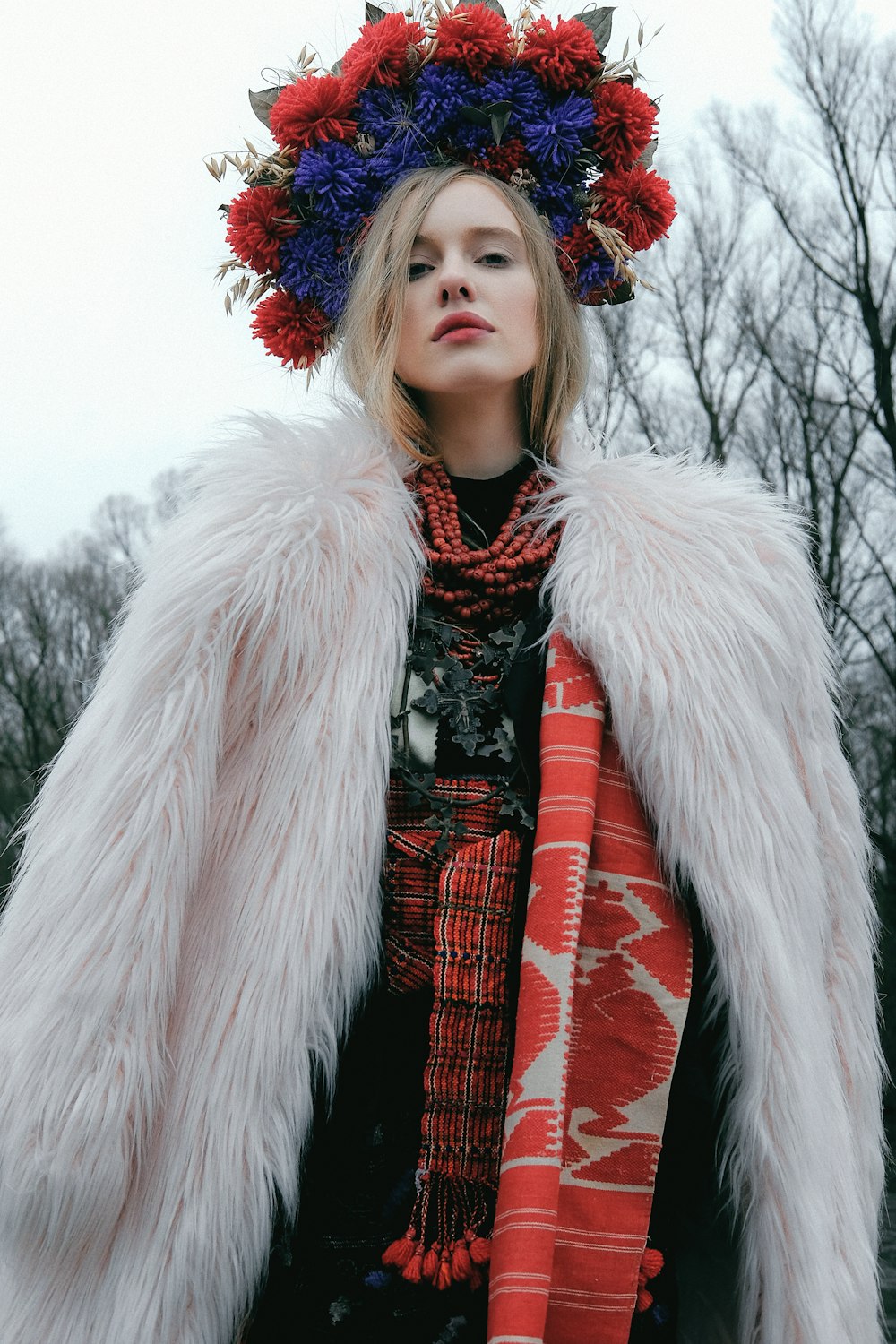 woman wearing white fur-line coat