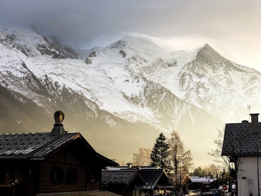 Chalet rooftops beneath the Mont Blanc massif