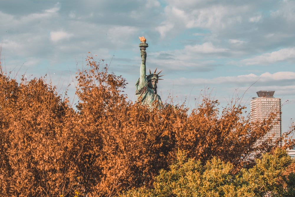 Statue of Liberty behind bush during daytime