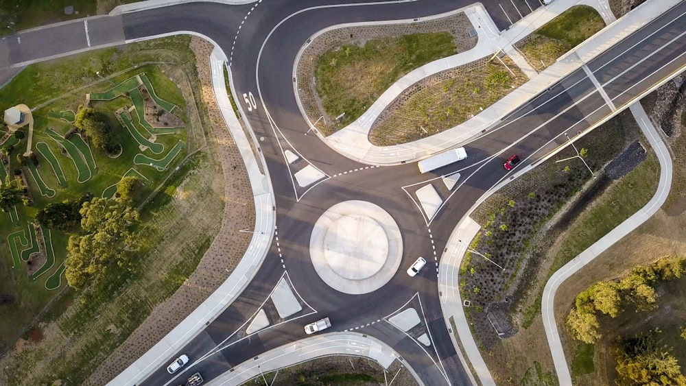 aerial view of vehicles crossing on road