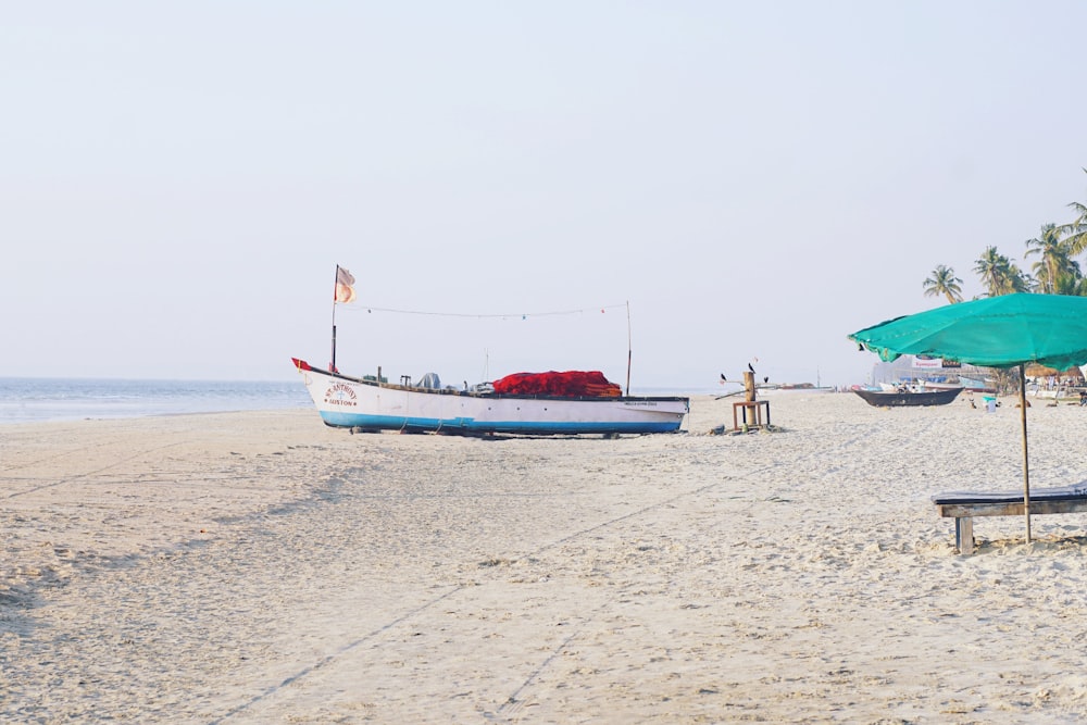 white and boat on shore during daytime