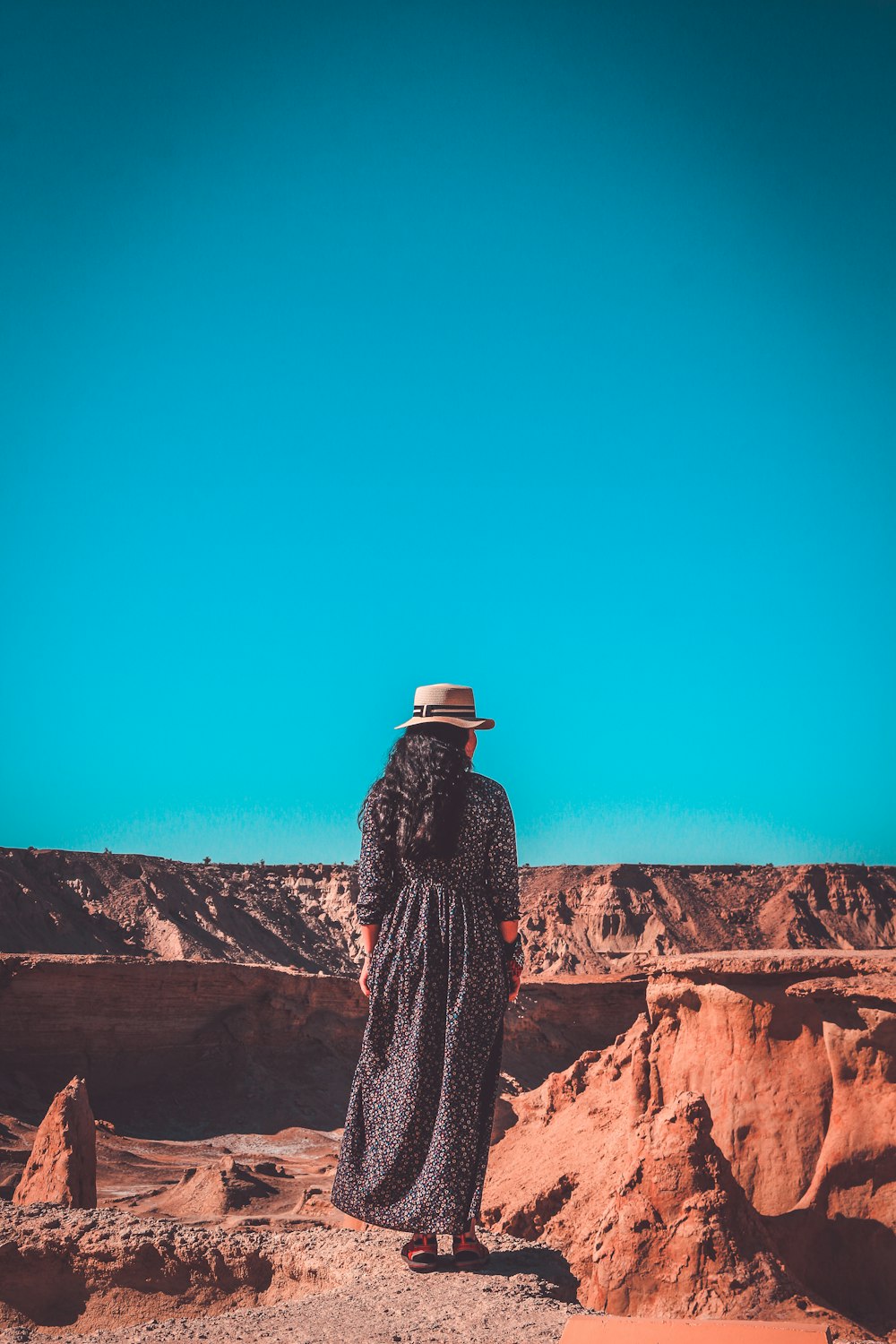 woman in dress and hat stands at the valley