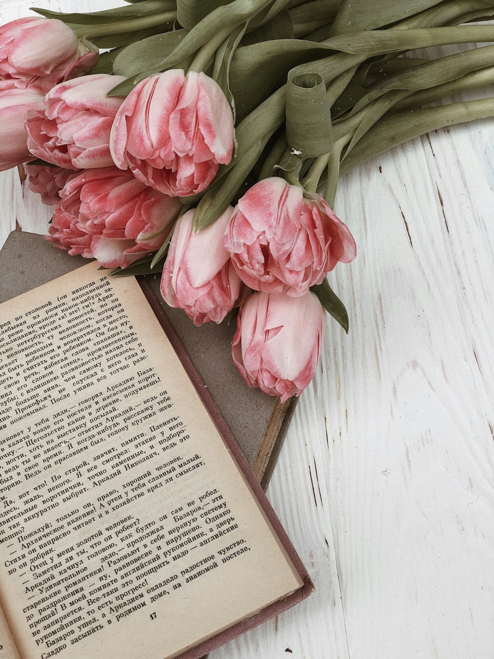 pink and white flowers and book