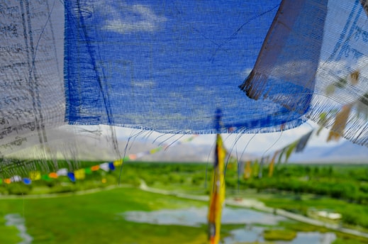 A serene Tibetan landscape with prayer flags fluttering in the wind.