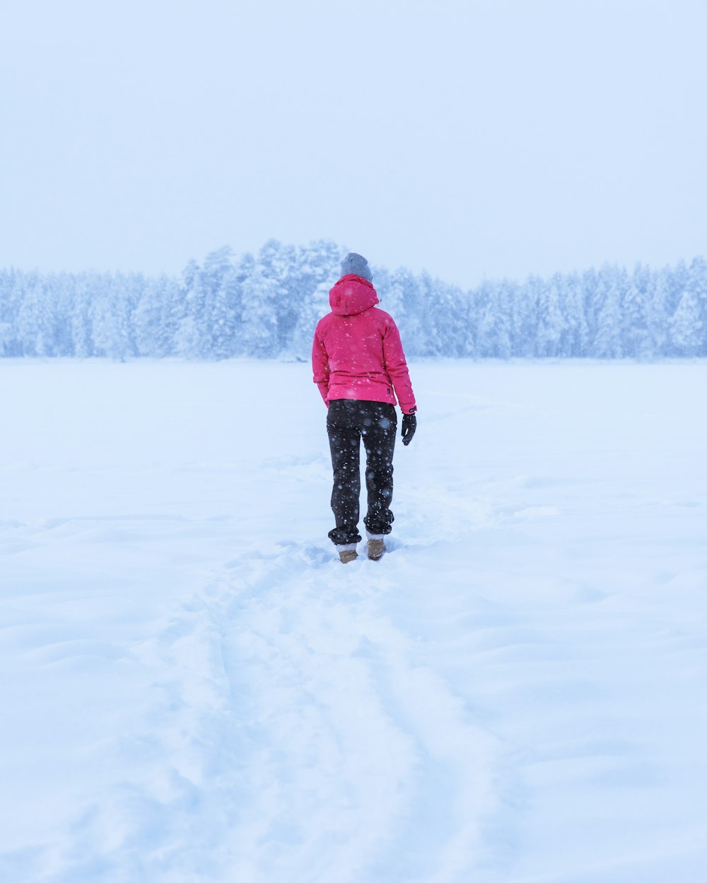 person in pink hoodie walking on snow covered road