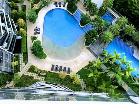 aerial photography of pools outside buildings