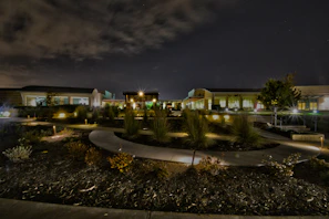 Evening view of a landscaped courtyard illuminated by warm, subtle lighting highlighting sculpted shrubs.