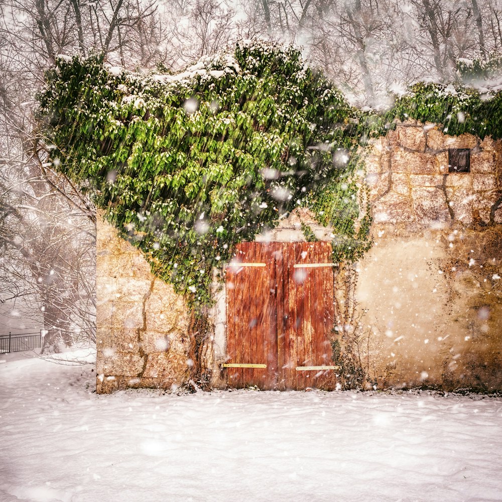 an old building with a red door in the snow