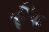 A black DSLR camera with a professional zoom lens is visible against a dark background. The brand name is subtly highlighted by gentle lighting, emphasizing the camera's polished and textured surfaces.