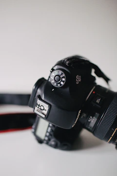 A detailed close-up of a DSLR camera resting on a wooden table beside notes.