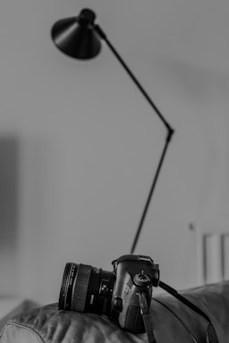 A black DSLR camera rests on a soft surface with a sleek, modern floor lamp in the background. The image is portrayed in black and white, highlighting the textures and contours of the camera and the lamp.