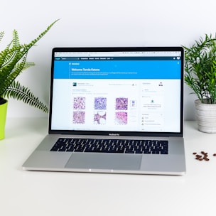 A laptop displaying a detailed webpage on a scientific platform, with sections of data and graphs visible. The screen is accompanied by two green potted plants, one on each side, on a white table. Some scattered coffee beans are present on the right side of the table.