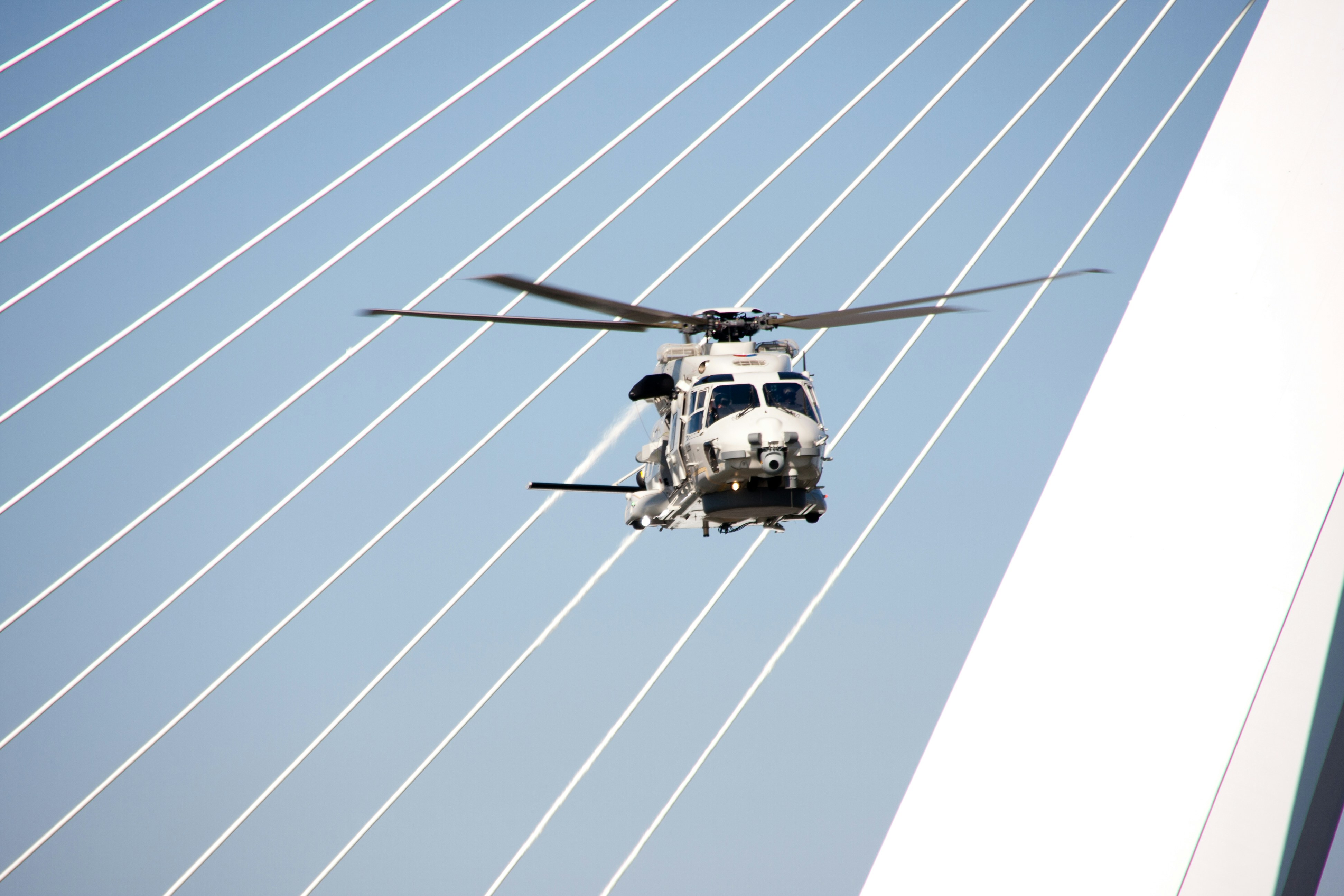 helicopter passing through building