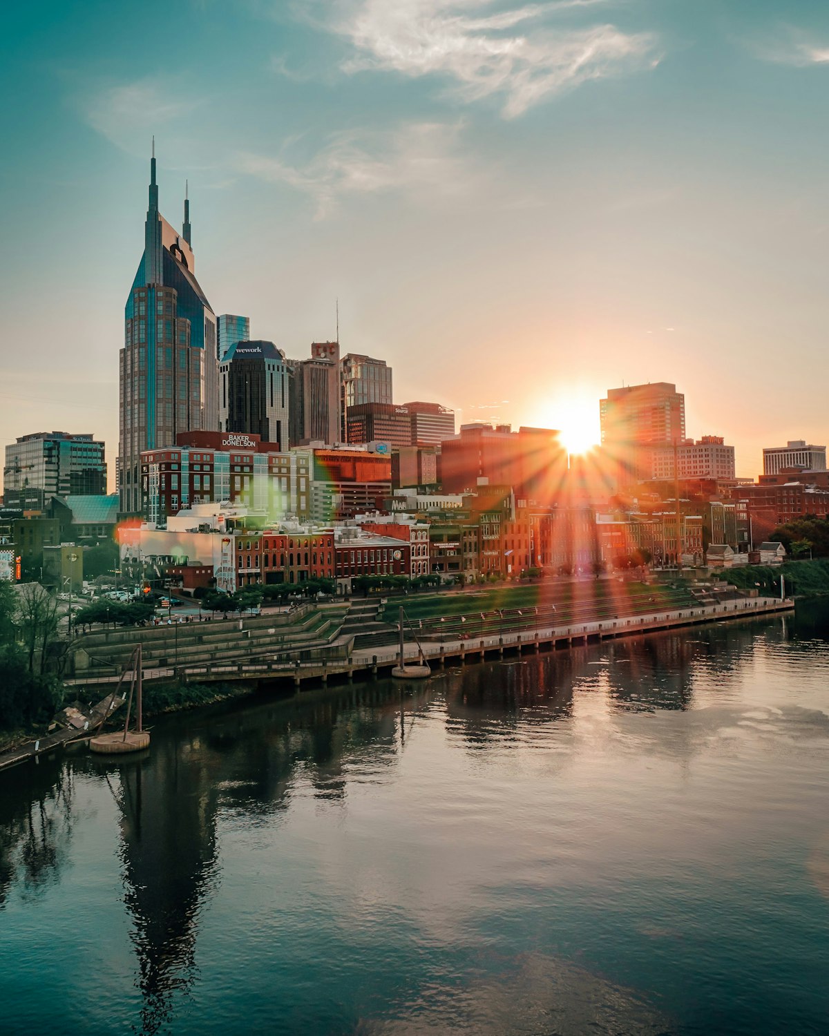 Nashville skyline at dusk along the Cumberland River