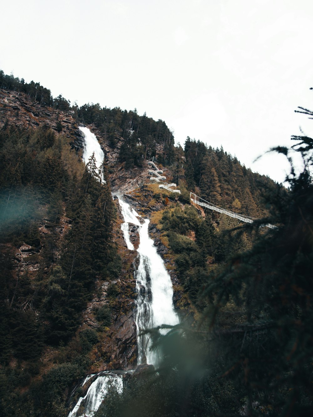 waterfalls under white sky