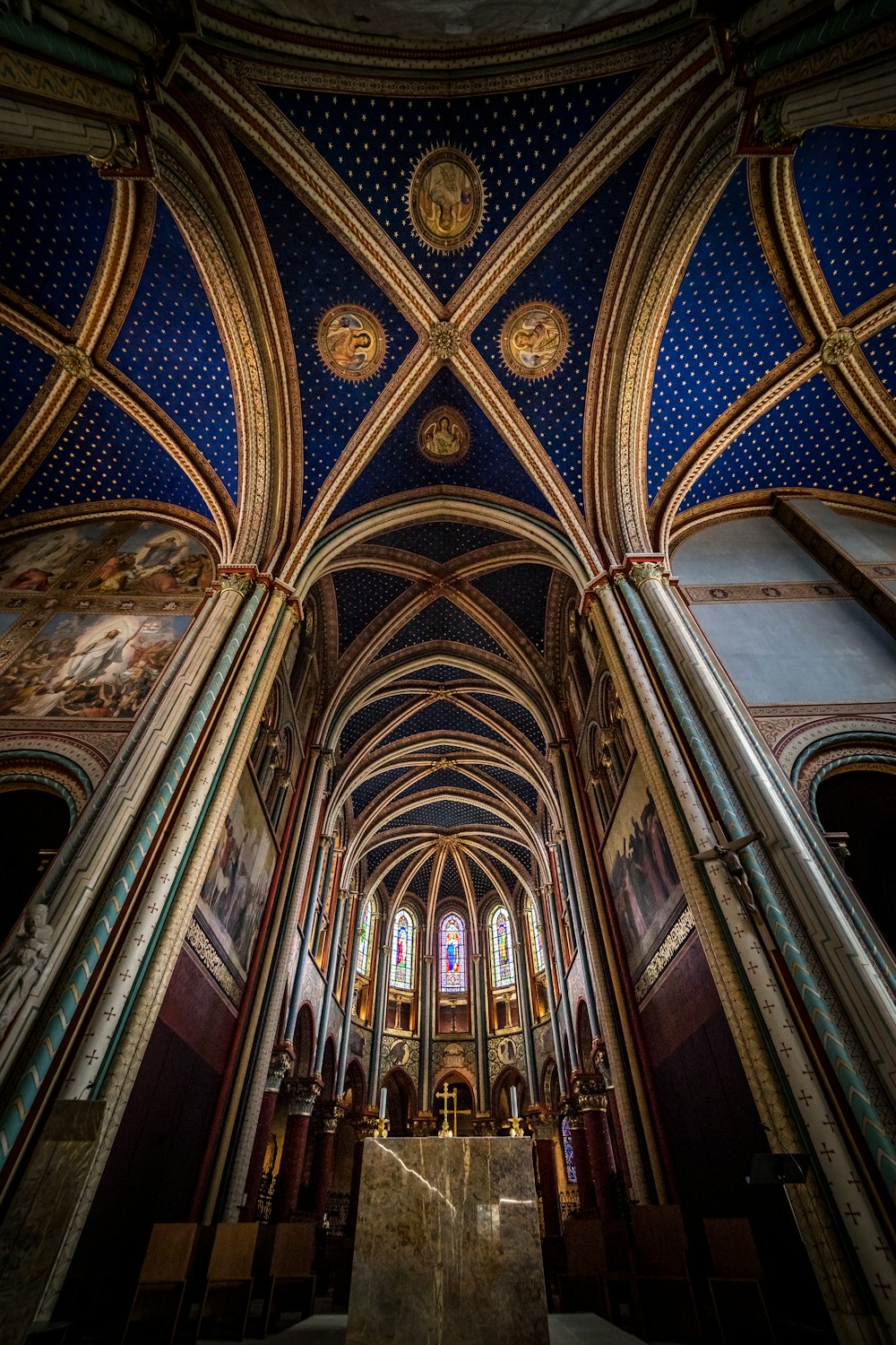 blue and brown building interior