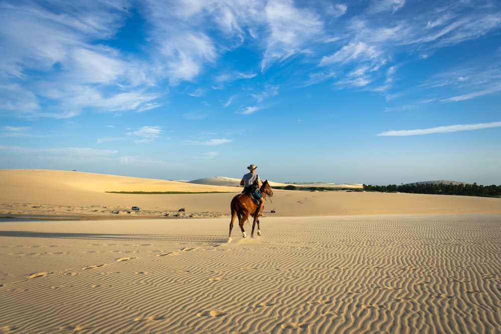 man riding on horse at middle of desert